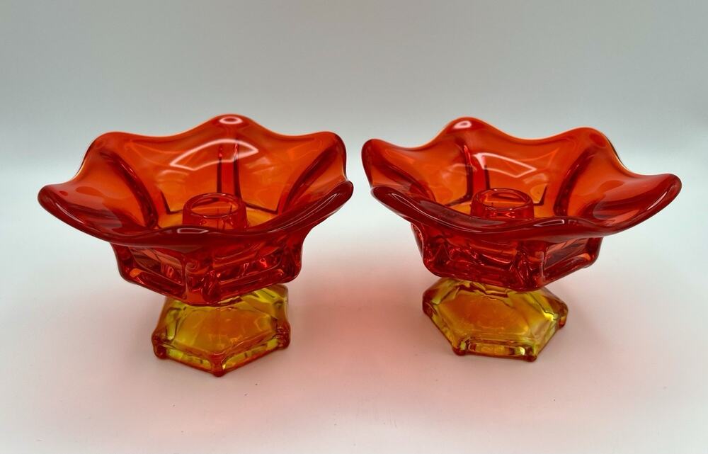 Viking Glass Epic Six Petal Amberina Flame Pedestal Candle Holder 3.25” Pair MCM